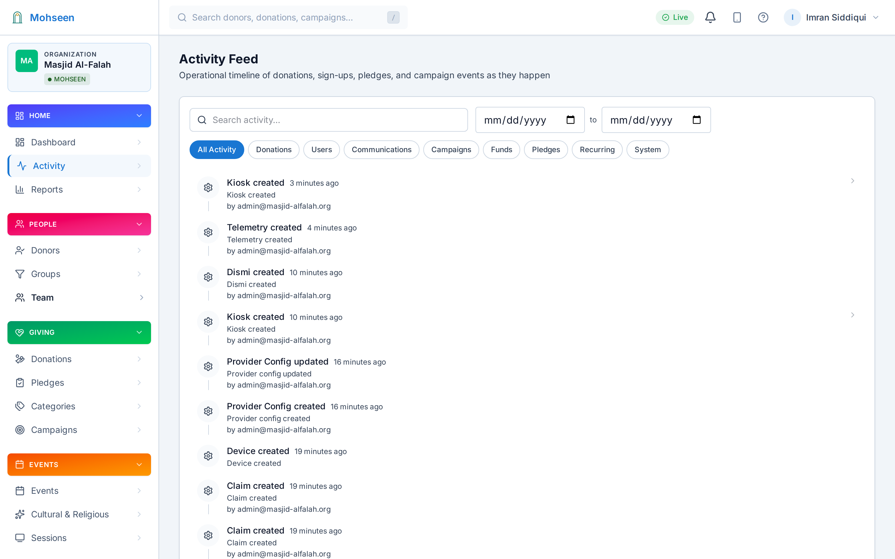 Audit logs in the Mohseen dashboard