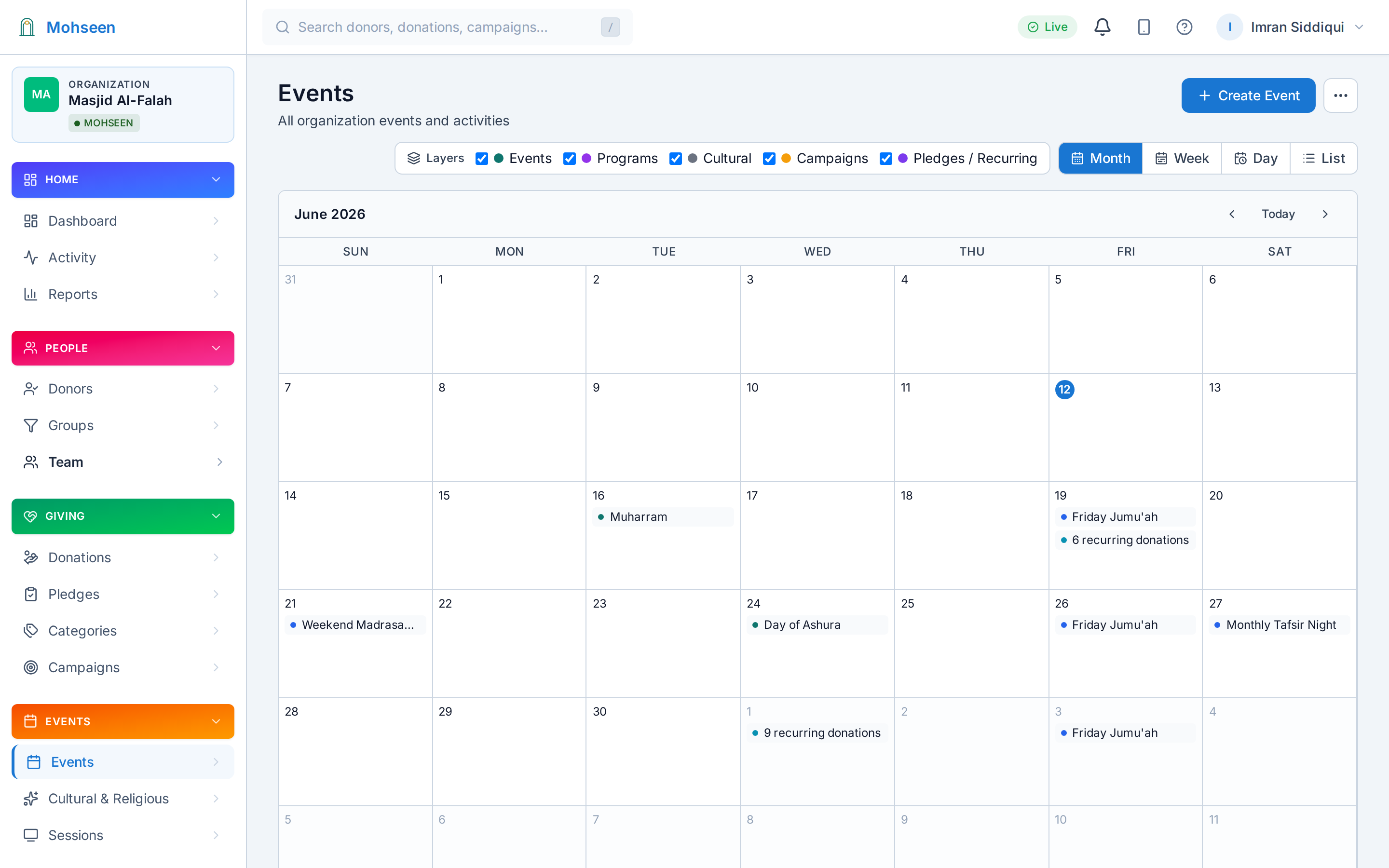 Programmes and events list in the Mohseen dashboard